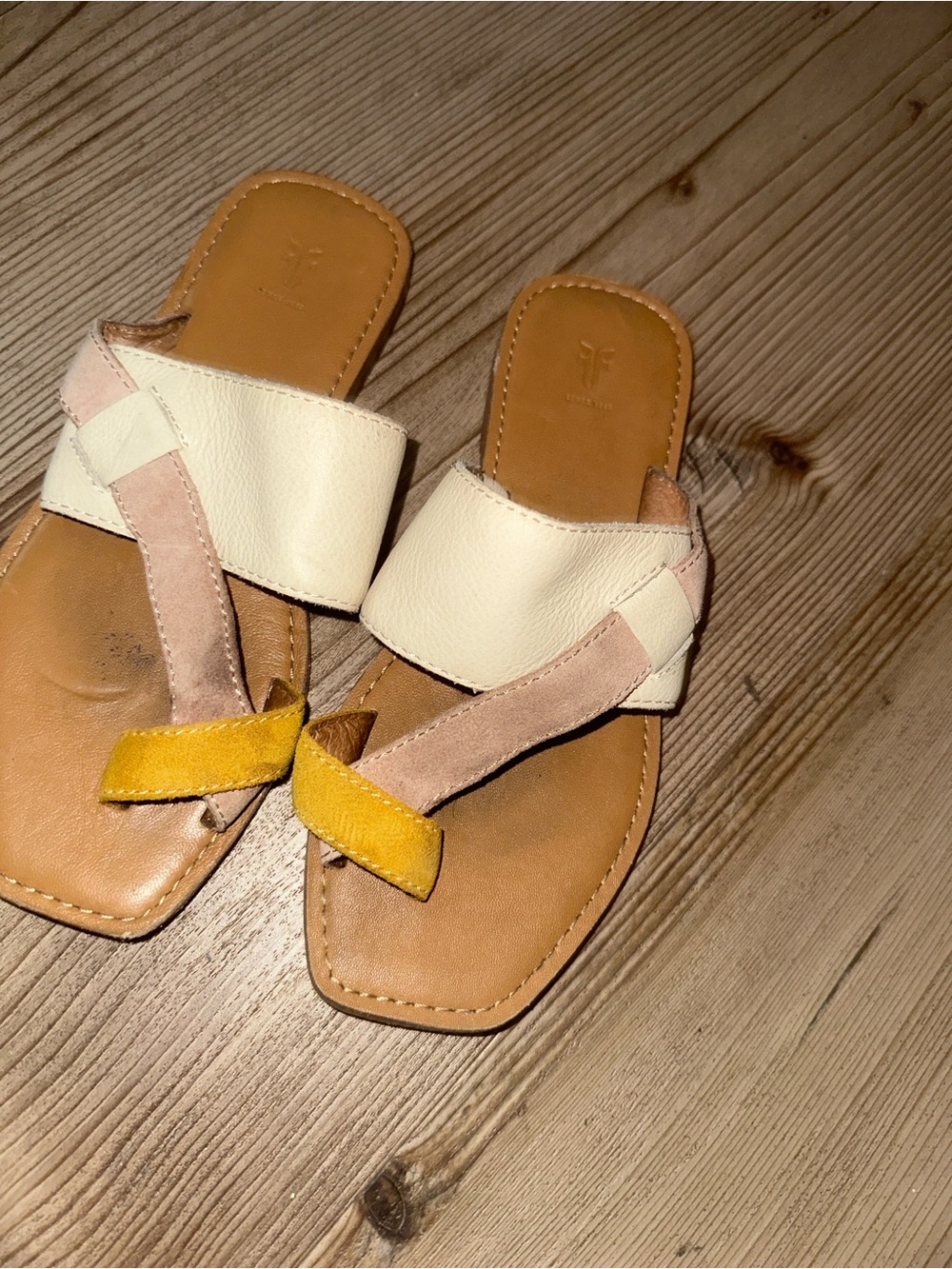 Frye Leather Slide Sandals in White, Pink & Yellow